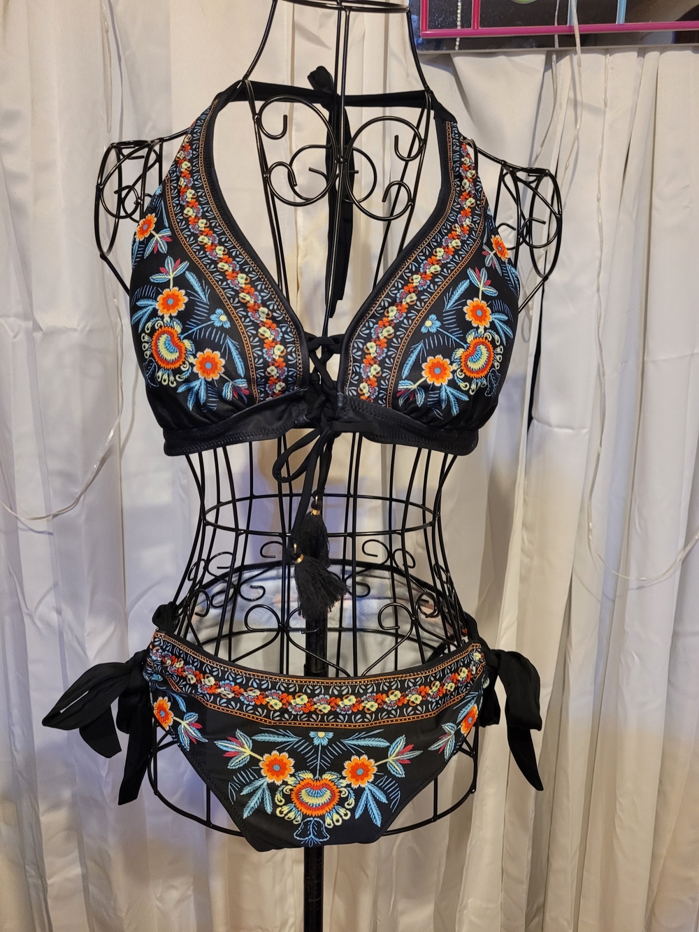 Amazon Black Bikini with Orange & Blue Floral Embroidery